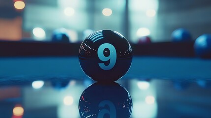 A close-up of a nine ball on a pool table reflecting light, showcasing a competitive atmosphere in billiards or snooker.