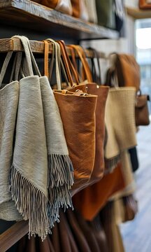 A boutique showcasing elegant scarves and handcrafted leather bags.