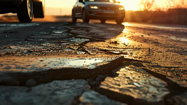  damaged asphalt road with potholes