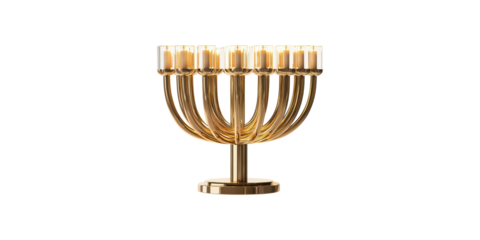 Golden Menorah With Lit Candles. Symbol Of Hanukkah And Jewish Tradition Isolated On Transparent Background