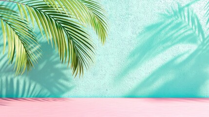 A vibrant scene featuring palm leaves against a mint green wall and a soft pink floor, creating a tropical, sunny atmosphere.