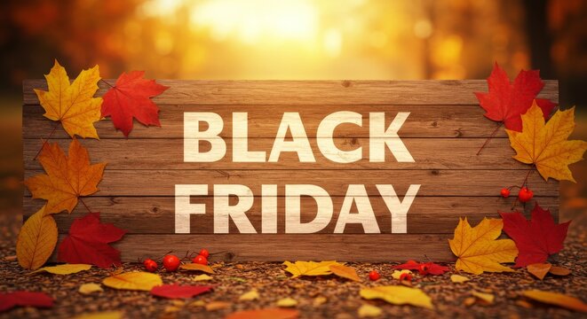 Autumn Black Friday Sale Wooden Sign - Seasonal sale announcement. Warm autumn colors, wooden sign, leaves, Black Friday deals, shopping discounts
