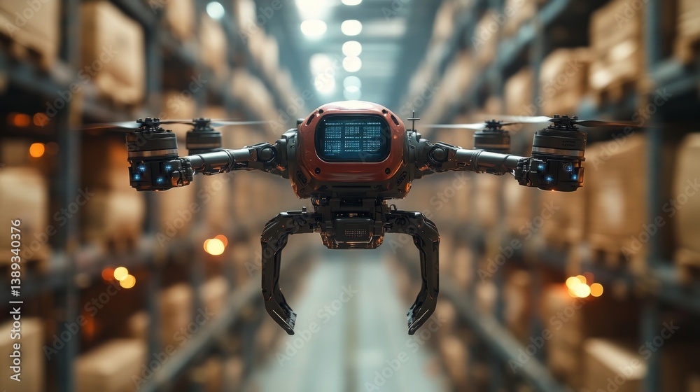 Poster a futuristic drone hovers within a spacious warehouse filled with stacked containers, showcasing adv