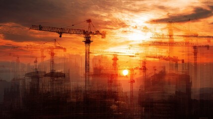 Double Exposure of Construction Site with Sunset and Cranes