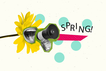 Creative artwork template sketch image 3D collage of season bouquet woman international woman day hand hold loudspeaker spring banner