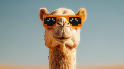 Funny camel wearing pixelated sunglasses in desert under bright blue sky