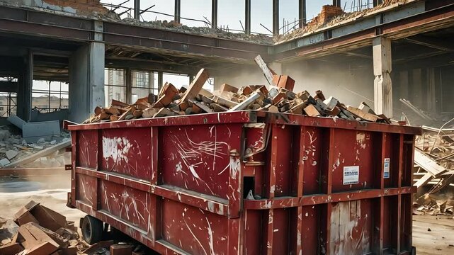 Construction debris in a red dumpster at a demolition site with dust and rubble in a partially demolished building

