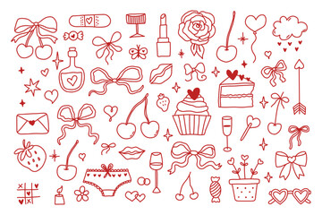 Coquette doodle set. Hand drawn romantic symbols in red, featuring bows, cherries, hearts, cupcakes, lipstick, and love letters. Perfect for Valentine's Day, stationery, prints, stickers, packaging.