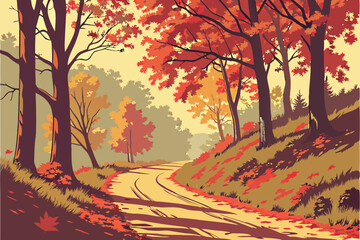 126 Autumn forest path, vibrant fall colors, red and orange foliage, winding dirt trail, golden light, trees lining path, fallen leaves on ground, dramatic contrast, crisp details, peaceful woodland s