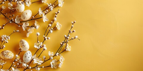 Yellow background with white and beige flowers on the left, perfect for an Easter theme. Ideal for web banners with minimalist design.