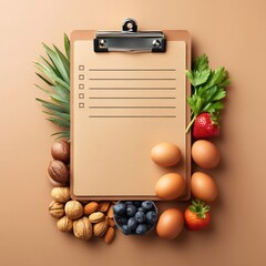 A blank checklist on a clipboard is surrounded by healthy food items like eggs, nuts, berries, and strawberries perfect for a diet or meal plan.