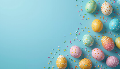 Vibrant Pastel Easter Eggs and Confetti on a Light Blue Festive Background"