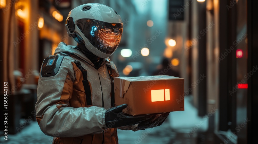 Poster A delivery robot holds a package in a bustling urban area, showcasing the intersection of automation and logistics during an evening delivery.