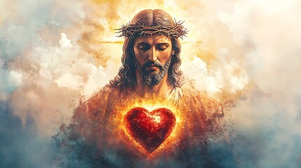 Sacred Heart of Jesus in a watercolor scene, heart radiating warm red and golden light, symbolic thorns and a cross above the heart, divine calm on Jesus&rsquo; face,