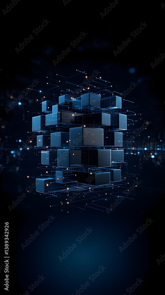 Poster Computational depth rendered in layers of digital logic, LLM processing vast datasets in abstract 3D space, modern AI lab ambiance