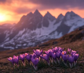 Purple crocus flowers blooming in the mountains at sunset time