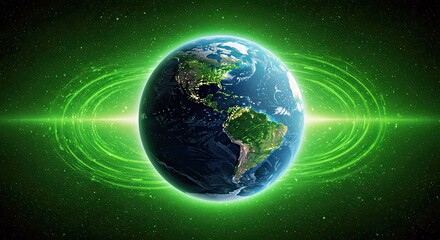 Fototapeta premium Detailed Depiction Of A Lush Planet Earth From A Space Perspective, Highlighting Vibrant Green Landmasses And Blue Oceans With Dynamic Atmospheric Swirls.