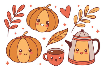 127 Cute autumn stickers, kawaii fall elements, pumpkins with faces, colorful leaves, teapot character, coffee mug, acorn cup, warm colors, orange and brown tones, heart shapes, sparkles, cartoon styl