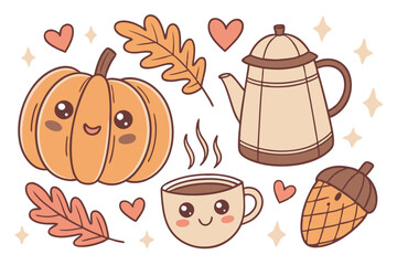 127 Cute autumn stickers, kawaii fall elements, pumpkins with faces, colorful leaves, teapot character, coffee mug, acorn cup, warm colors, orange and brown tones, heart shapes, sparkles, cartoon styl