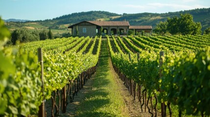 Fototapeta premium Vineyard rows extend towards a stone farmhouse
