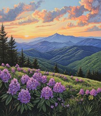 A vibrant landscape painting depicting mountains and blooming flowers