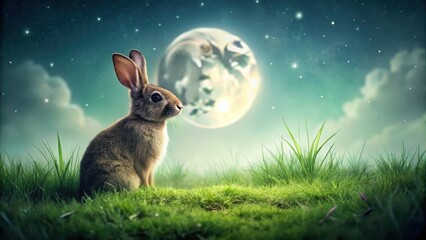 Obraz premium A lone bunny sits peacefully in a vibrant green meadow, gazing at the serene night sky illuminated by a radiant full moon. The tranquil atmosphere evokes feelings of calmness and wonder.