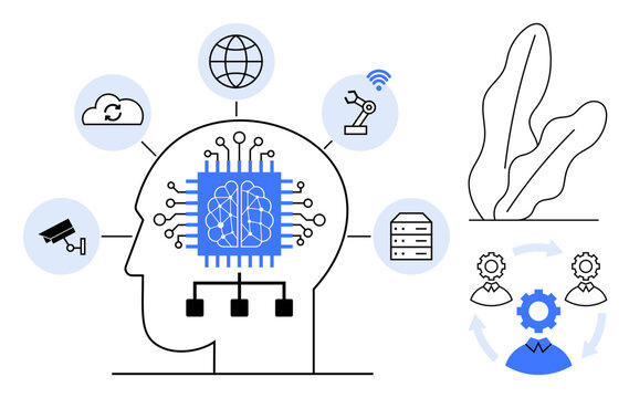 Human head with a brain chip surrounded by icons for cloud, robotics, IoT, and data. Ideal for AI, machine learning, innovation, technology, automation digital process flat simple metaphor