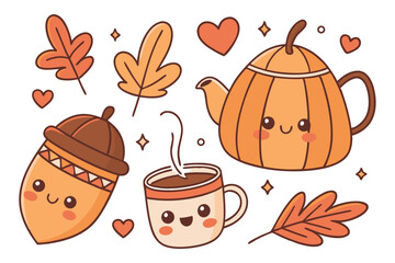 127 Cute autumn stickers, kawaii fall elements, pumpkins with faces, colorful leaves, teapot character, coffee mug, acorn cup, warm colors, orange and brown tones, heart shapes, sparkles, cartoon styl