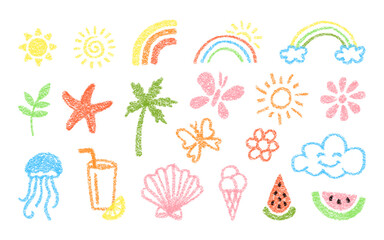 Hand drawn cute summer doodles for kids. Decorative chalk drawing elements - sun and rainbow. Collection of crayon drawing illustrations isolated on white background - flower, watermelon, butterfly.