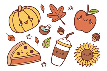 127 Cute autumn stickers, kawaii fall elements, pumpkins with faces, colorful leaves, teapot character, coffee mug, acorn cup, warm colors, orange and brown tones, heart shapes, sparkles, cartoon styl