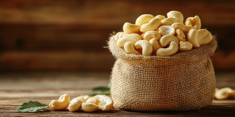 Organic cashew nuts in a burlap sack spilling on a wooden table, with a rustic background.