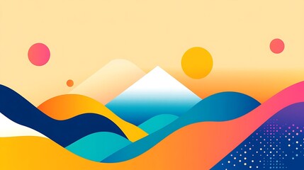 Abstract colorful landscape with mountains and sun.