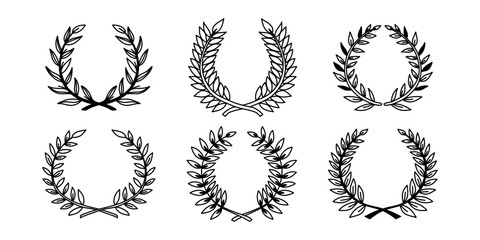 Laurel wreaths hand drawn illustrations. Graduation award set, black vector Illustration. University or college graduation laurel wreath. Set of handdrawn frame wreaths from branches with leaves.