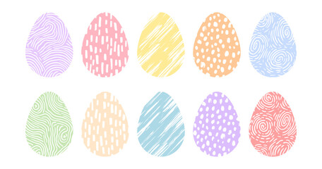 Spring illustration, pastel colored patterned eggs set for greeting cards. Set decorative textured Easter eggs. Simple illustration for Easter - ornamented eggs isolated on white background.