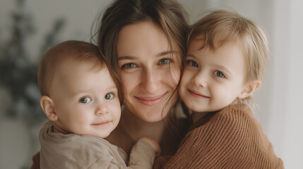 Happy Family Portrait with Mother at Center and Soft Blur Background with Copy Space Above"