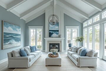 Fototapeta premium Classic living room with light blue and cream accents, elegant chandelier, large art pieces, cozy fireplace, and white oak flooring. Traditional meets contemporary design.