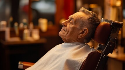 Elderly man in a barber chair, warm light, blurred shop background, conveying timeless tradition and quiet reflection.
