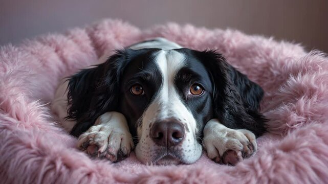 beautiful english springer spaniel on fluffy dog bed - sad face black and white dog with brown eyes_g_1_4_1.png