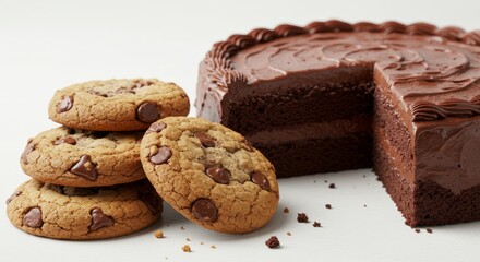 Fototapeta premium Chocolate Cake and Cookies Delight - A delicious chocolate cake with a slice removed, accompanied by a stack of warm chocolate chip cookies. Perfect for dessert lovers