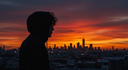 Cityscape Silhouette at Sunset - A lone figure silhouetted against a vibrant sunset over a sprawling metropolis. Symbols of solitude, urban life, hope, dreams, and the passage of time