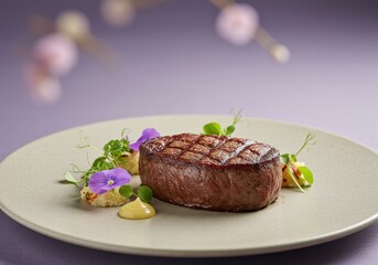  Medium-rare steak on a ceramic plate with microgreens and edible flowers. Background softly blurred in pastel tones. Minimalist plating style