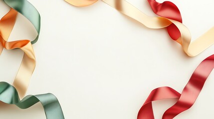Colorful satin ribbons frame on white background.