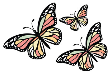 130 Colorful butterflies, vibrant wings, detailed patterns, iridescent colors, varied species, white background, realistic illustration, nature collection, rainbow hues, delicate insects, entomology d