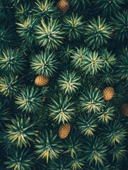 Fototapeta premium Aerial view of a vibrant pineapple plantation showcasing green spiky leaves and ripe golden pineapples in a tropical landscape