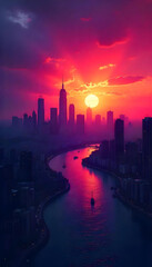 Fototapeta premium Dark liquify background with flowing, abstract textures; a gradient sunset outlining a city's skyline, blending warm tones of orange, pink, and purple seamlessly into the scene.