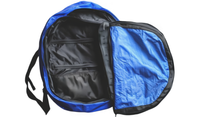 An Isolated Photo Of An Open Blue Backpack With Black Interior For School PNG