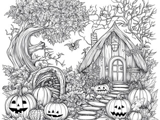 Black And White Halloween Illustration Of Haunted House With Pumpkins