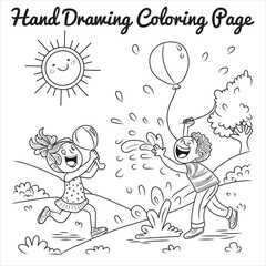 Hand-drawn children playing with balloons and water in a park