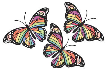 130 Colorful butterflies, vibrant wings, detailed patterns, iridescent colors, varied species, white background, realistic illustration, nature collection, rainbow hues, delicate insects, entomology d