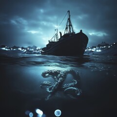 Obraz premium A dramatic, digitally manipulated image shows a large octopus lurking underwater beneath a silhouetted fishing trawler at night. City lights glow faintly on the distant shore under a dark, cloudy sky.